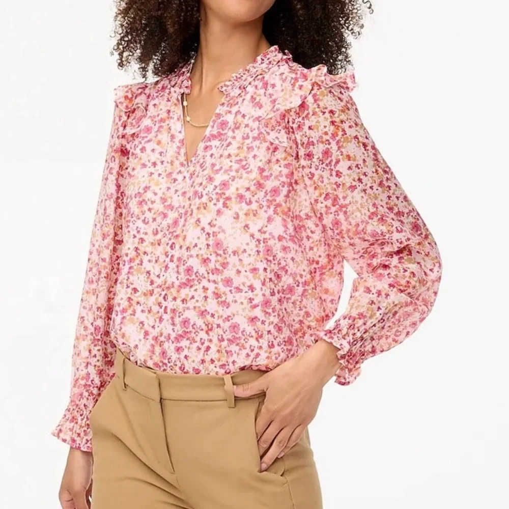 J Crew S Ruffle Collar Top Blouse Pink Ditsy Floral Print Easter Spring Feminine